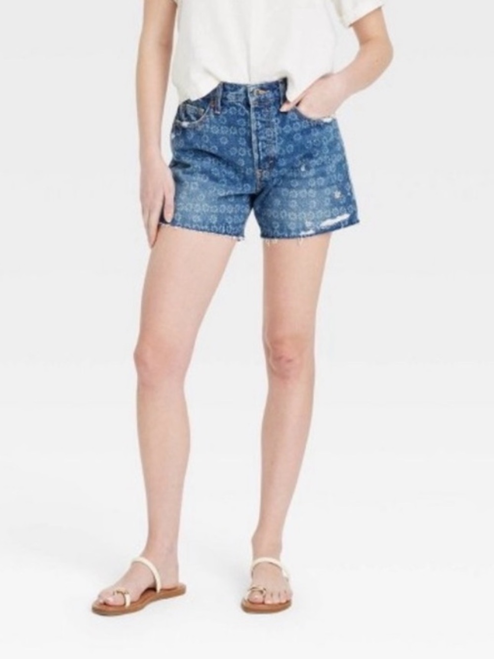 Universal Thread Blue Floral-Print Baggy Jean Shorts Size 6
